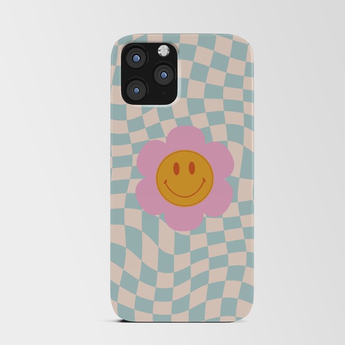 Smiley Flower Face on Pastel Warped Checkerboard iPhone Card Case