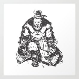 Two axes wild viking warrior kneeling Art Print