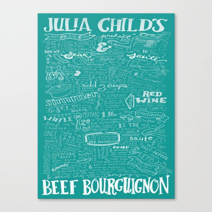 Julia Child's Beef Bourguignon Hand-Drawn Recipe Art Print in Le Cruset Caribbean Canvas Print