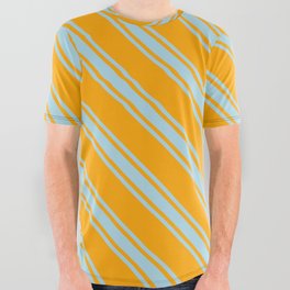 [ Thumbnail: Orange and Light Blue Colored Pattern of Stripes All Over Graphic Tee ]