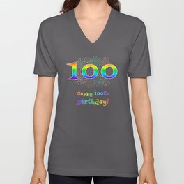 [ Thumbnail: 100th Birthday - Fun Rainbow Spectrum Gradient Pattern Text, Bursting Fireworks Inspired Background V Neck T Shirt V-Neck T-Shirt ]