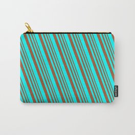 [ Thumbnail: Sienna and Cyan Colored Lined/Striped Pattern Carry-All Pouch ]