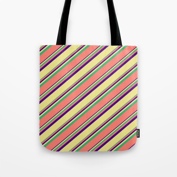 Indigo, Tan, Sea Green, and Salmon Colored Stripes Pattern Tote Bag
