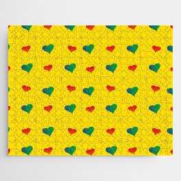 Red and green plush hearts on a light green background. For Valentine's Day. Vector drawing for February 14th. SEAMLESS PATTERN WITH HEARTS. For wallpaper, background, postcards. Jigsaw Puzzle