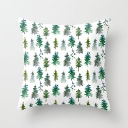 White Snowy Winter Mountains And Trees Watercolor Landscape Pattern Throw Pillow