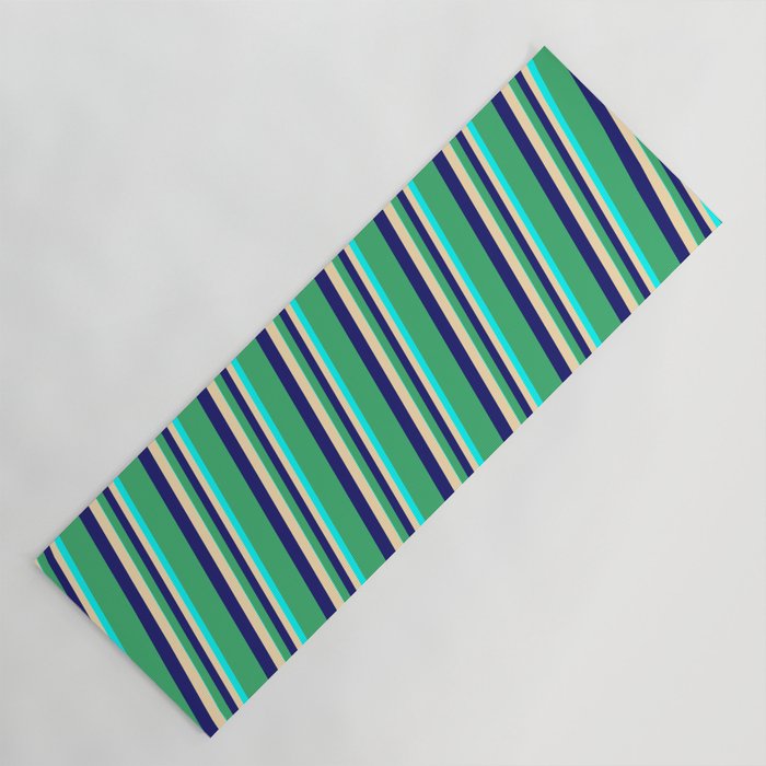 Sea Green, Midnight Blue, Beige & Cyan Colored Lines Pattern Yoga Mat