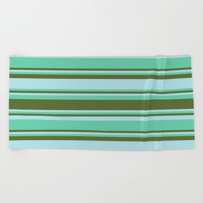 Aquamarine, Dark Olive Green, and Powder Blue Colored Stripes/Lines Pattern Beach Towel