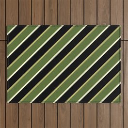 [ Thumbnail: Dark Khaki, Dark Olive Green, Light Yellow & Black Colored Stripes/Lines Pattern Outdoor Rug ]