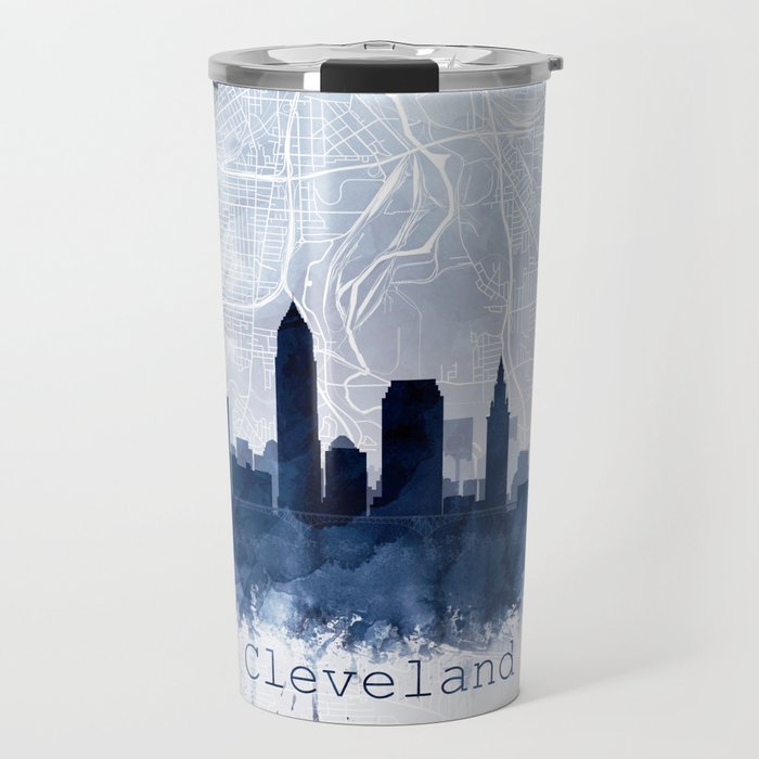 Cleveland Skyline & Map Watercolor Navy Blue, Print by Zouzounio Art Travel Mug