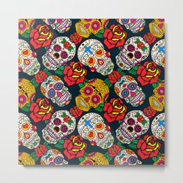 Mexican Sugar Skulls And Roses Pattern Metal Print