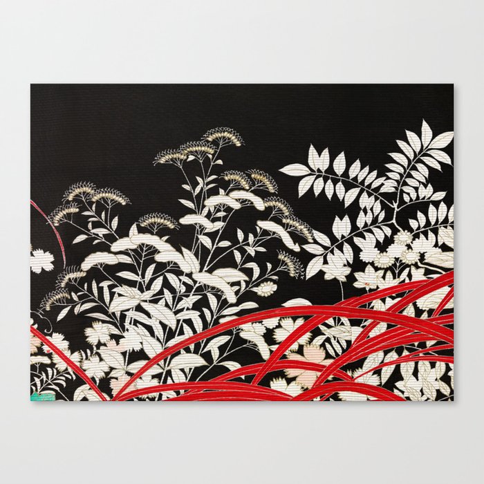 Japanese Vintage Kimono Pattern, Vintage Black And White Floral Pattern, Canvas Print