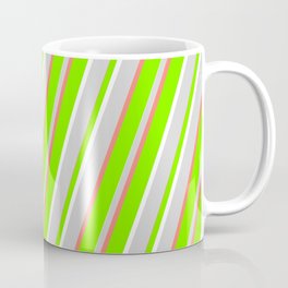 [ Thumbnail: Green, White, Light Gray & Salmon Colored Striped/Lined Pattern Coffee Mug ]