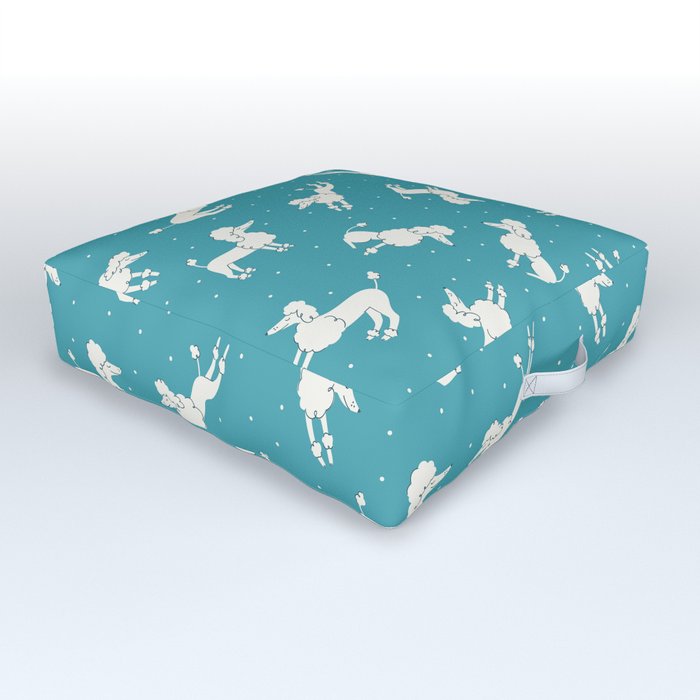 Cartoon poodles and polka dots on blue background Outdoor Floor Cushion