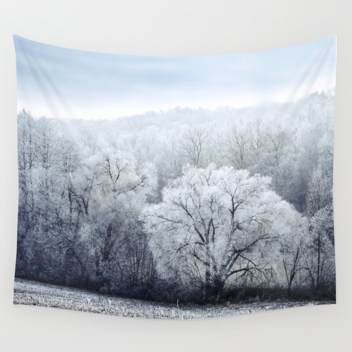 Foggy Winter Landscape with snow covered Trees Wall Tapestry