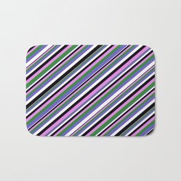 [ Thumbnail: Violet, Forest Green, Slate Blue, White & Black Colored Pattern of Stripes Bath Mat ]