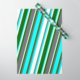 [ Thumbnail: Dim Grey, Cyan, Mint Cream & Dark Green Colored Stripes Pattern Wrapping Paper ]