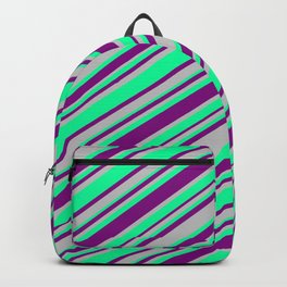 [ Thumbnail: Purple, Grey, and Green Colored Lines Pattern Backpack ]