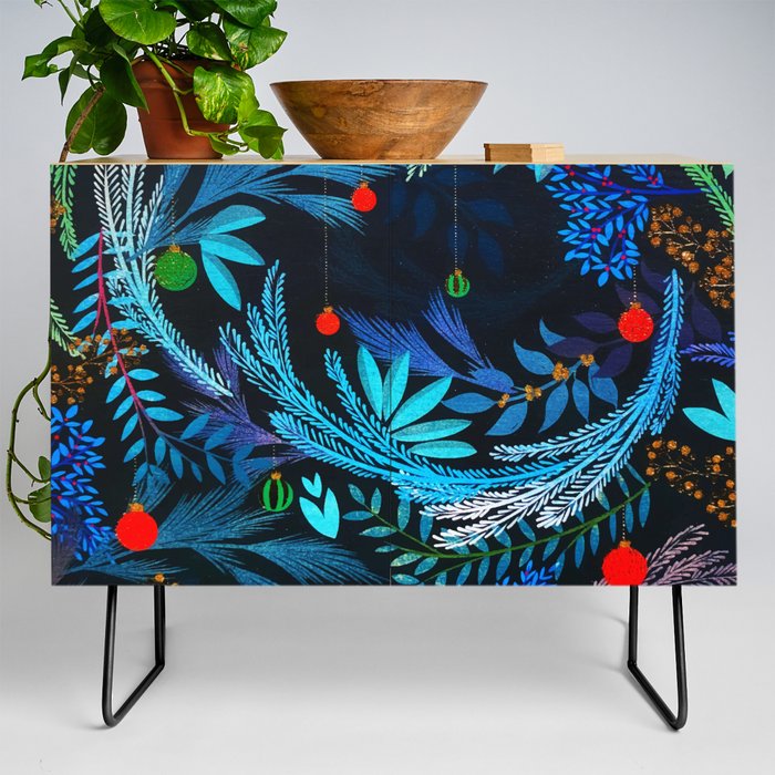 Blue Frosty Christmas Forest Foliage Credenza