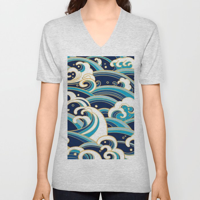 Japanese Wave Pattern V Neck T Shirt