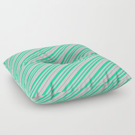 [ Thumbnail: Pink & Green Colored Lined Pattern Floor Pillow ]