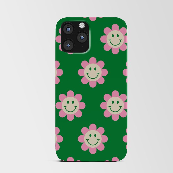 70s Retro Smiley Floral Face Pattern in Green, Pink & Beige iPhone Card Case