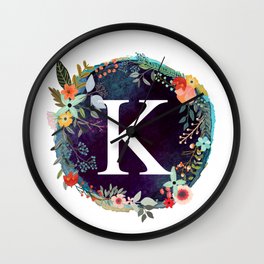 Personalized Monogram Initial Letter K Floral Wreath Artwork Wall Clock