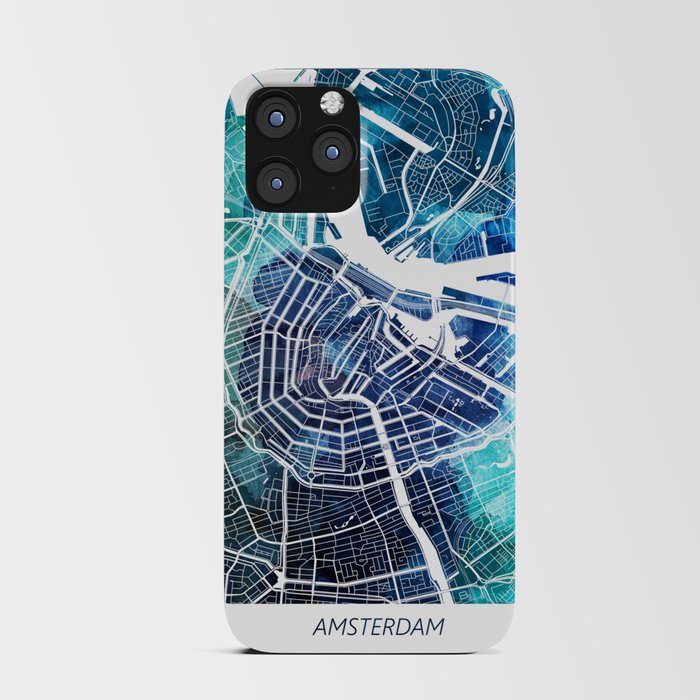 Amsterdam Map Netherlands Holland Map Navy Blue Turquoise Watercolor iPhone Card Case