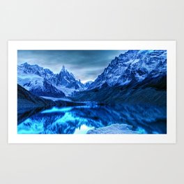 Electric blue glacial lake of the Cerro Torre mountains, southern tip of Argentina and edge of Chile near Antarctica panorama color alpine mountains photograph Art Print