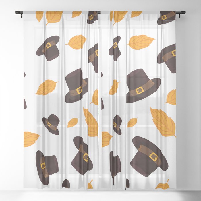 Pilgrim Hats and Leafs Thanksgiving Pattern Sheer Curtain