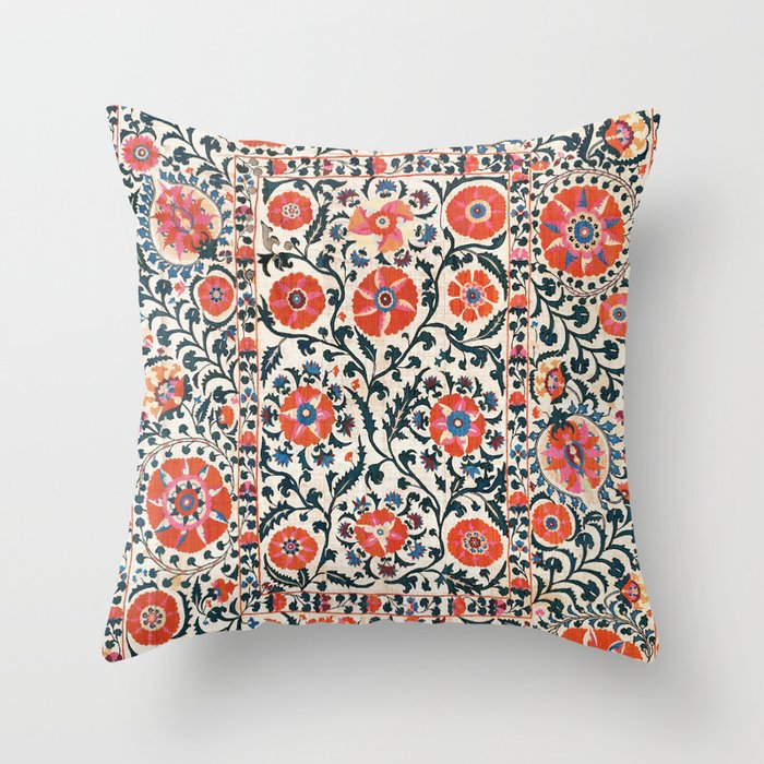 Shakhrisyabz Suzani  Uzbekistan Antique Floral Embroidery Print Throw Pillow