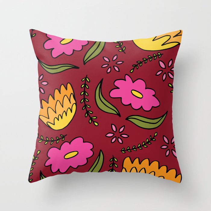 May Flowers Burgundy Throw Pillow