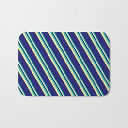 [ Thumbnail: Dark Turquoise, Tan, and Midnight Blue Colored Lines/Stripes Pattern Bath Mat ]