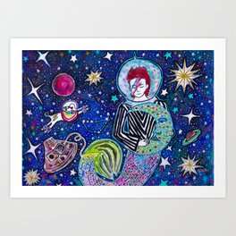 Cosmic Starman with Poodle and Spaceship Art Print
