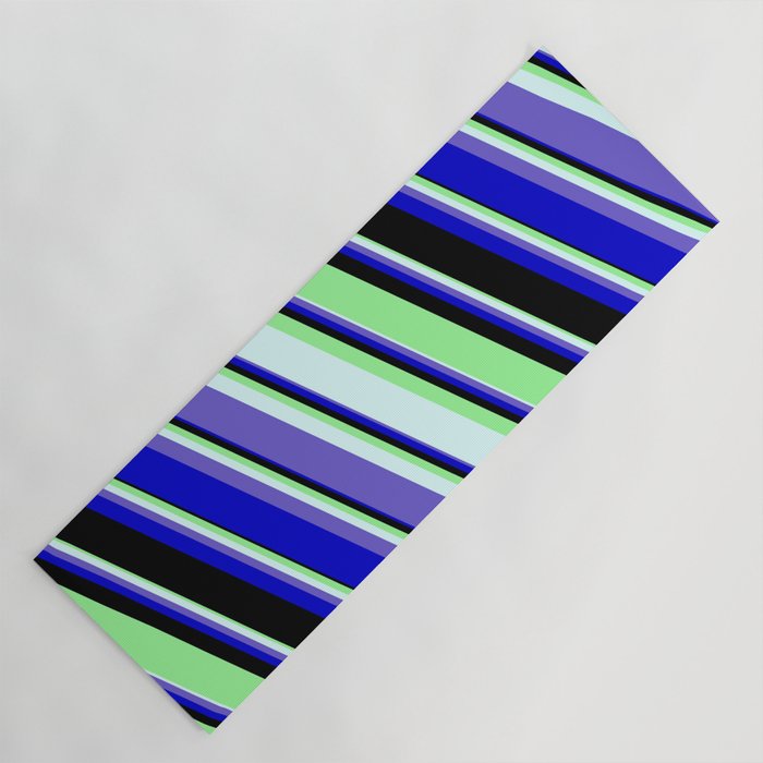 Green, Light Cyan, Slate Blue, Blue, and Black Colored Stripes Pattern Yoga Mat