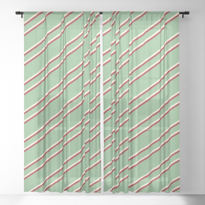 Dark Sea Green, Beige & Brown Colored Stripes Pattern Sheer Curtain