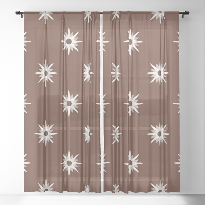 Brown atomic mid century white stars pattern Sheer Curtain