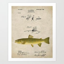 Vintage Brown Trout Fly Fishing Lure Patent Game Fish Identification Chart Art Print