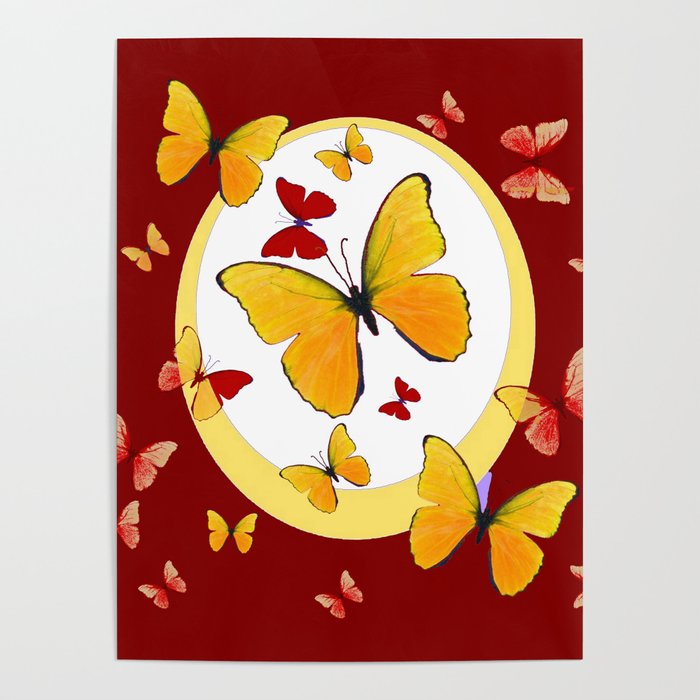 RED & YELLOW BUTTERFLIES & YELLOW RING BURGUNDY ABSTRACT ART Poster by