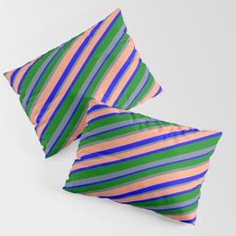 [ Thumbnail: Slate Gray, Light Salmon, Blue & Green Colored Lines/Stripes Pattern Pillow Sham ]