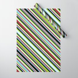 [ Thumbnail: Green, Light Cyan, Brown, Sky Blue & Black Colored Striped Pattern Wrapping Paper ]