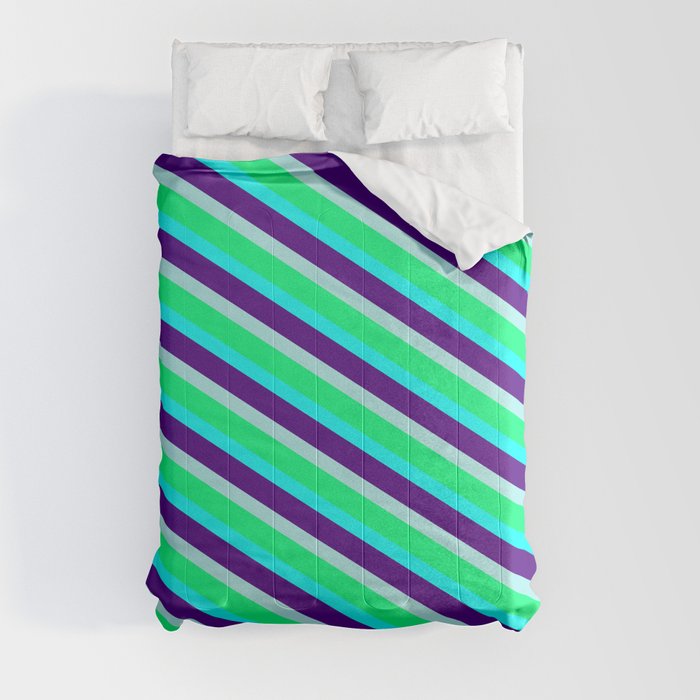Turquoise, Green, Cyan & Indigo Colored Pattern of Stripes Comforter