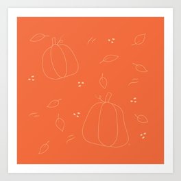 Orange Pumpkins and Leaves - Fall Line Art Pattern Art Print