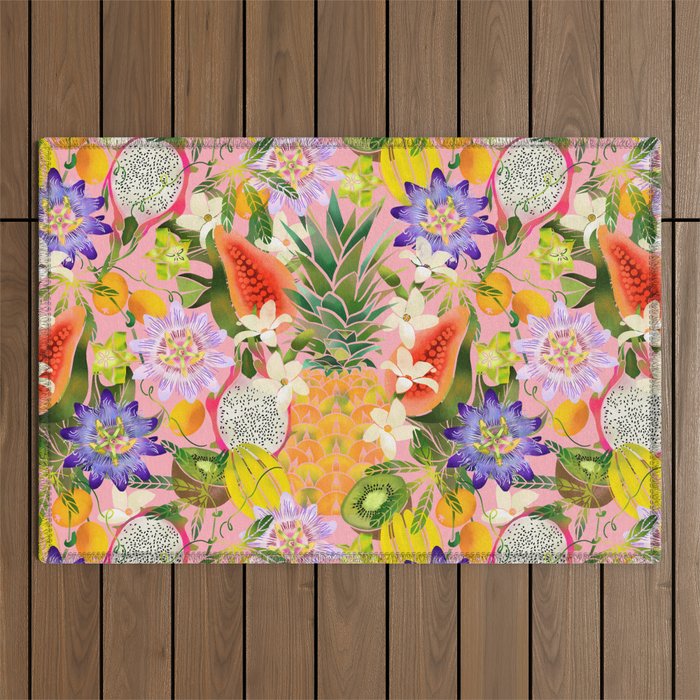 Tropical Trip Fruit and Flowers - Pink Outdoor Rug