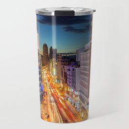 Spain Photography - Downtown Madrid Lit Up In The Night Travel Mug