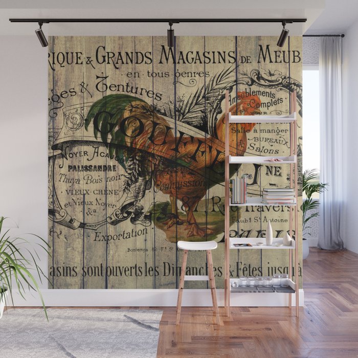 vintage typography barn wood shabby french country poulet chicken rooster Wall Mural