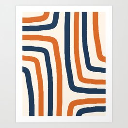 Geometric Line and Blocks Rainbow Abstract 1 in Navy Blue and Orange Art Print
