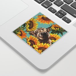 Highland Cow with Sunflowers in Blue Sticker