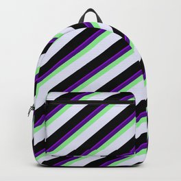 [ Thumbnail: Eyecatching Dark Violet, Indigo, Light Green, Lavender & Black Colored Stripes Pattern Backpack ]