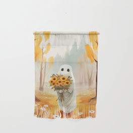 cute ghost in autumn with sunflower bouquet Wall Hanging