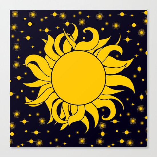 Bold Yellow Sun & Stars On Dark Blue Canvas Print